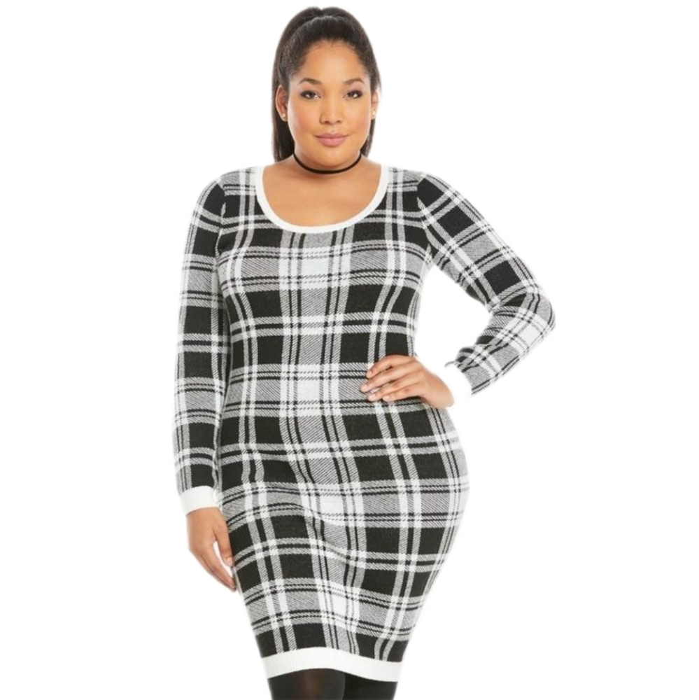 Torrid Black and White Plaid Long Sleeve Midi Sweater Dress Plus Size 0